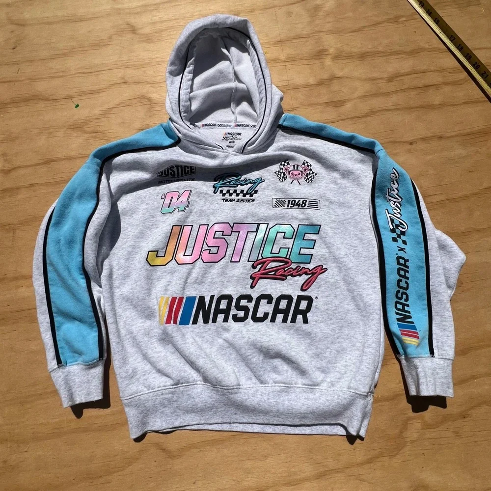 NASCAR x Justice Girls Gray Racing Graphic Hoodie Sweatshirt Size M 10 Pullover